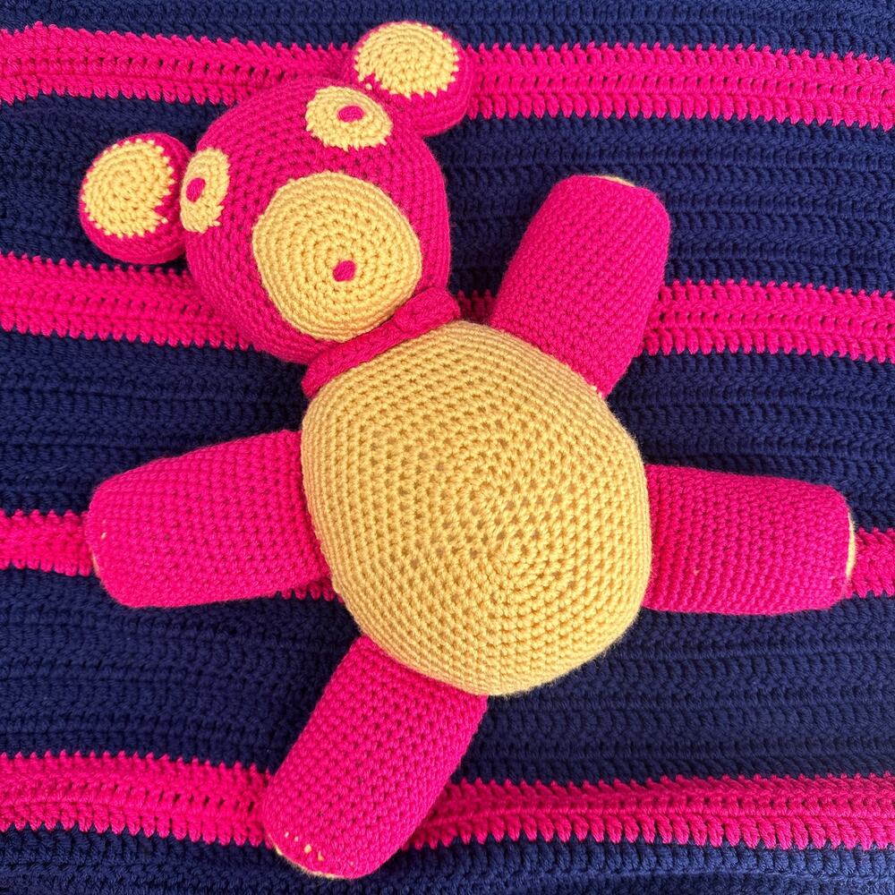 Hand Crochet Teddy Bear Plush Blanket Set Stuffed Animal Afghan Pink Blue Retro